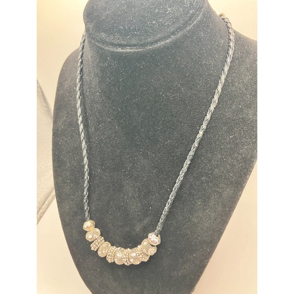 Rhinestone Encrusted Silver-Tone Beads on Braided Black Leather 21" Necklace! - Picture 4 of 6